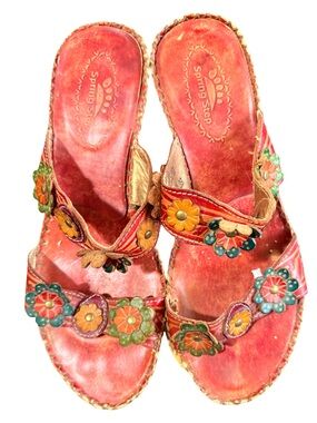 Gently Used Spring Step Women’s Coral Floral Leather Slide Sandals